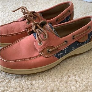 Salmon and navy whale patterned sperry Top-siders
